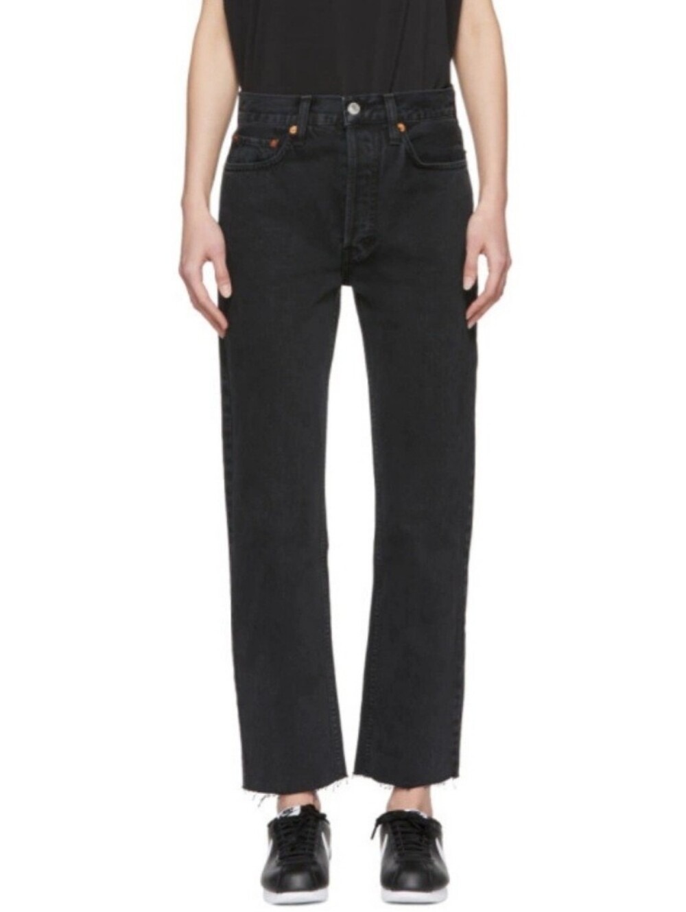 Re/Done Originals High-Rise Stove Pipe Jeans in Aged Black. Size 27